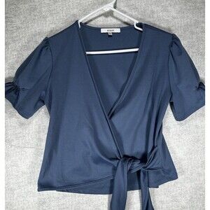 Ro & De Anthropologie Crop Top Women Medium Blue Front Tie Wrap Ruched Sleeves